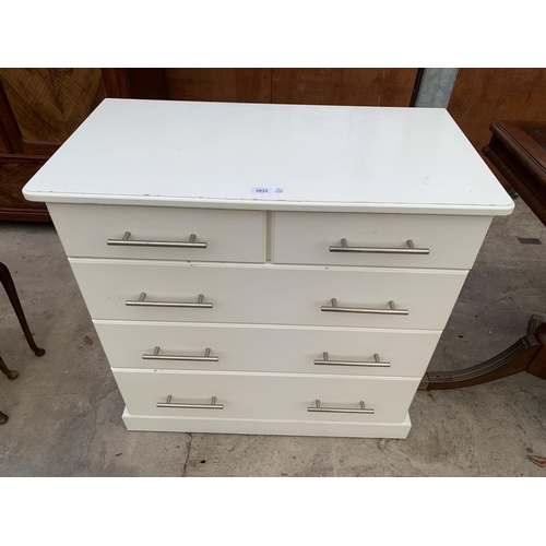 3033 - A WHITE CHEST OF TWO SHORT AND THREE LONG DRAWERS, 36