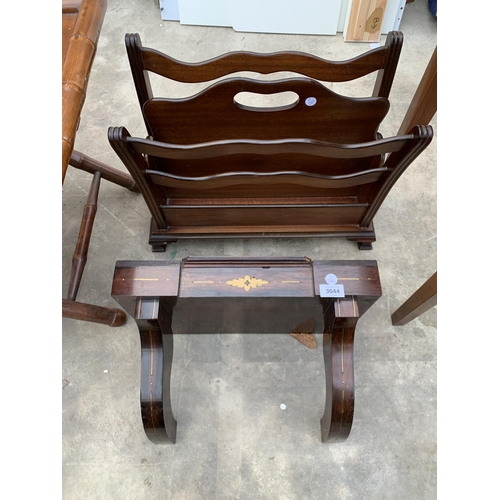 3044 - A ROSEWOOD AND BRASS INLAID WALL SHELF AND MAGAZINE RACK.