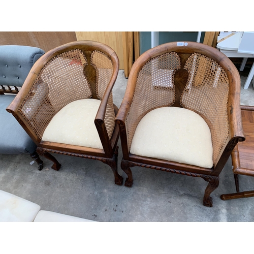 3046 - A PAIR OF BERGERE TUB CHAIRS WITH FRONT CABRIOLE LEGS WITH BALL AND CLAW FEET