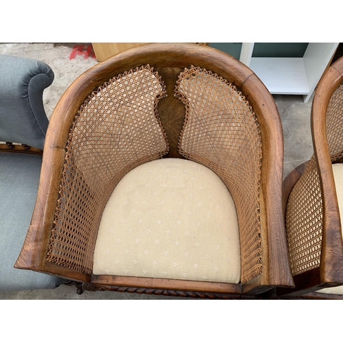 3046 - A PAIR OF BERGERE TUB CHAIRS WITH FRONT CABRIOLE LEGS WITH BALL AND CLAW FEET