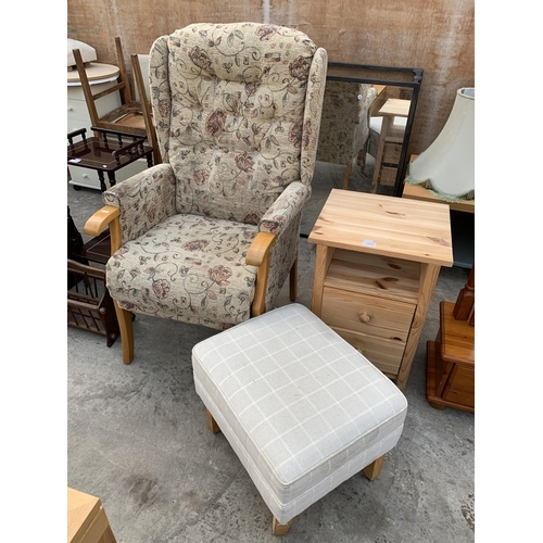 3065 - A PINE BEDSIDE LOCKER, STOOL AND FIRESIDE CHAIR.