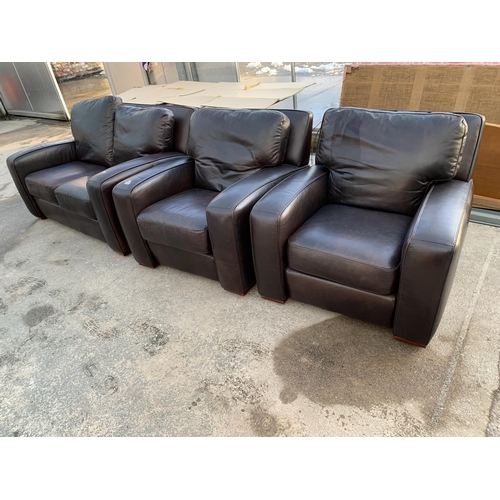 3071 - A BROWN LEATHER THREE PIECE SETTEE.