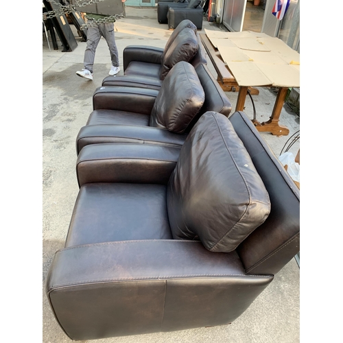 3071 - A BROWN LEATHER THREE PIECE SETTEE.