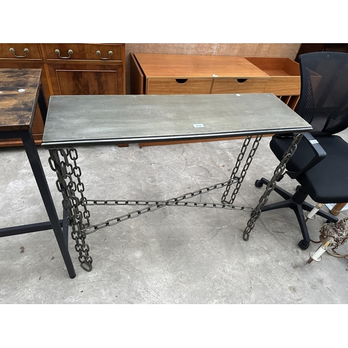 3076 - A CONSOLE TABLE ON METAL HEAVY DUTY CHAIN LEGS AND STRETCHERS, 40