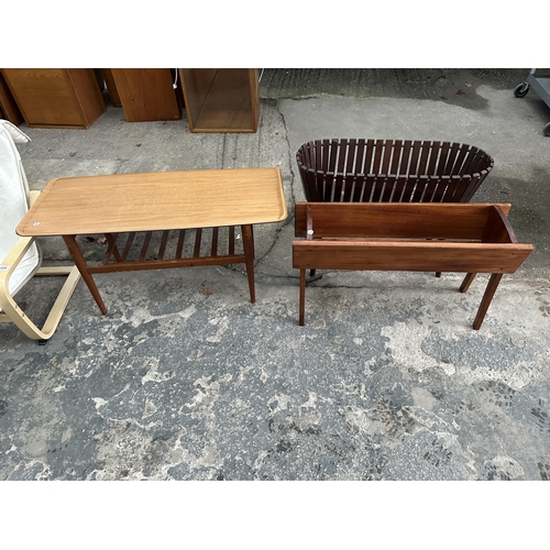 3088 - TWO TEAK PLANT TROUGHS ON LEGS AND A RETRO TWO TIER COFFEE TABLE