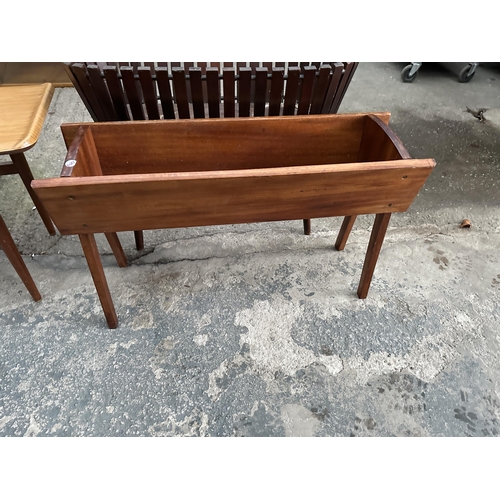 3088 - TWO TEAK PLANT TROUGHS ON LEGS AND A RETRO TWO TIER COFFEE TABLE