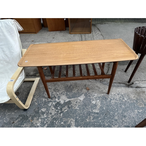 3088 - TWO TEAK PLANT TROUGHS ON LEGS AND A RETRO TWO TIER COFFEE TABLE