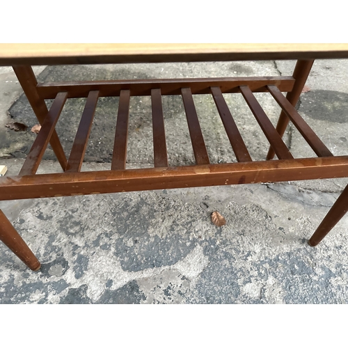 3088 - TWO TEAK PLANT TROUGHS ON LEGS AND A RETRO TWO TIER COFFEE TABLE