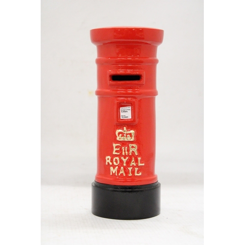 160 - A CAST RED, ROYAL MAIL POST BOX MONEY BOX, HEIGHT 19CM