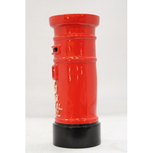 160 - A CAST RED, ROYAL MAIL POST BOX MONEY BOX, HEIGHT 19CM