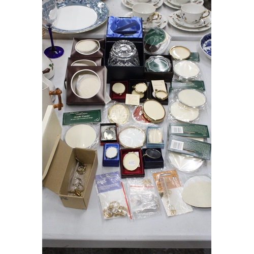 183 - A QUANTITY OF NEW AND BOXED MINIATURE PHOTO FRAMES, COASTERS, TRINKET BOXES, KEYRINGS, ETC