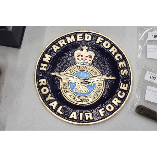 202 - A CAST ROYAL AIR FORCE SIGN, DIAMETER 23CM