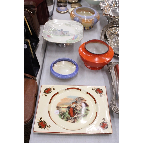 226 - FOUR PIECES OF VINTAGE SHELLEY TO INCLUDE AN ORANGE BOWL AND FOOTED CAKE PLATE, PLUS A ROYAL STAFFOR... 