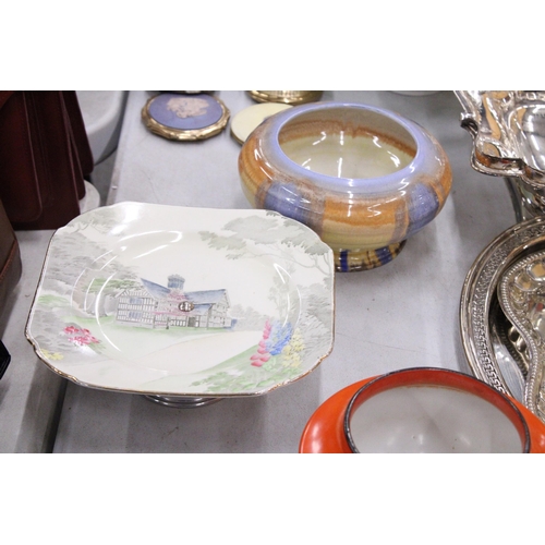 226 - FOUR PIECES OF VINTAGE SHELLEY TO INCLUDE AN ORANGE BOWL AND FOOTED CAKE PLATE, PLUS A ROYAL STAFFOR... 