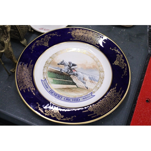 240 - THREE CERAMIC PLATES TO INCLUDE AN AYNSLEY DESERT ORCHID, WEDGWOOD THOMAS THE TANK ENGINE AND RALPH ... 