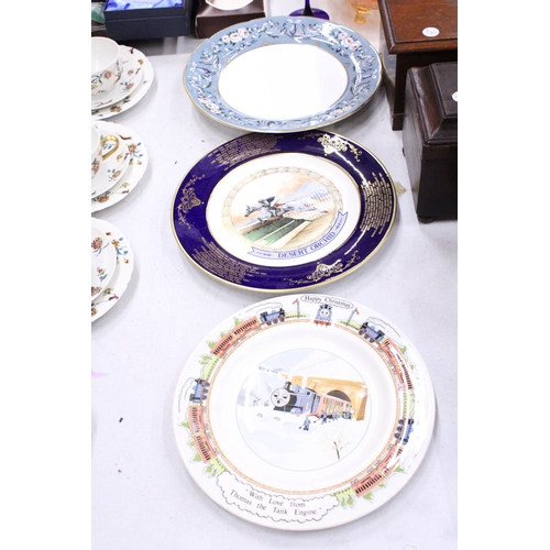 240 - THREE CERAMIC PLATES TO INCLUDE AN AYNSLEY DESERT ORCHID, WEDGWOOD THOMAS THE TANK ENGINE AND RALPH ... 