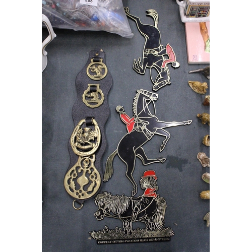 266 - THREE VINTAGE HORSE WALLPLAQUES TO INCLUDE A THELWELL PLUS FOUR HORSE BRASSES ON A MARTINGALE