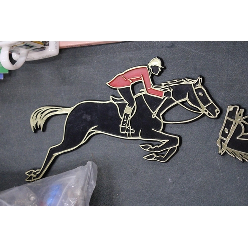 266 - THREE VINTAGE HORSE WALLPLAQUES TO INCLUDE A THELWELL PLUS FOUR HORSE BRASSES ON A MARTINGALE