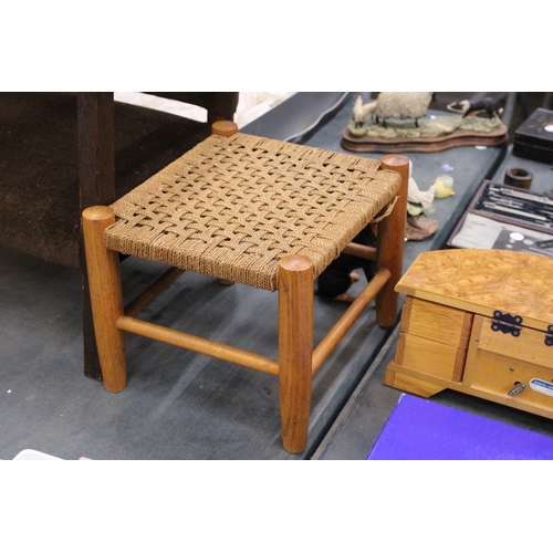 269 - A VINTAGE CHILD'S CHAIR PLUS A WICKER STOOL