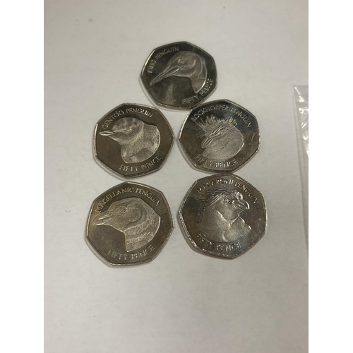 412 - A FALKLAND ISLANDS 2018 PENGUIN 50P SET OF FIVE . SUPERB UNCIRCULATED CONDITION