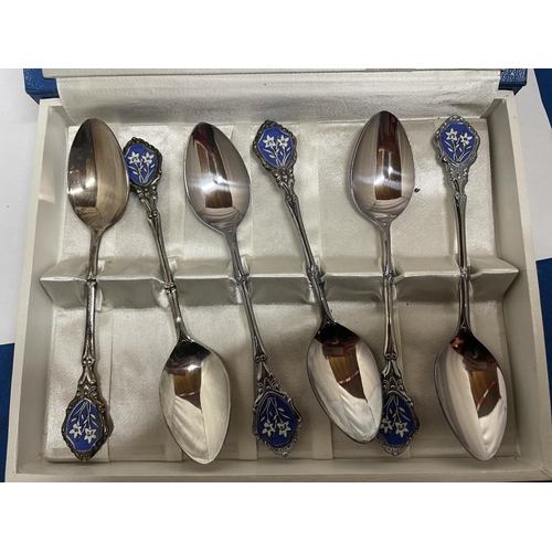 795 - A SET OF SIX ENAMEL SPOONS IN A PRESENTATION BOX