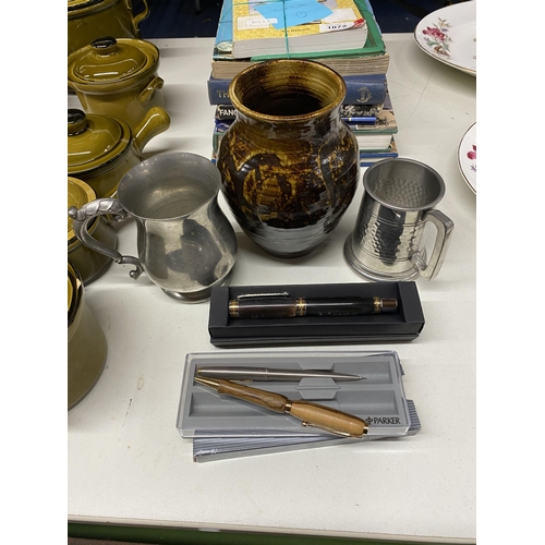 1071 - A QUANTITY OF ITEMS TO INCLUDE PENS, TANKARDS AND A STUDIO POTTERY VASE