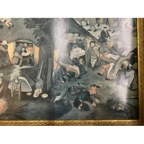 1097 - A LARGE PRINT OF BOARD OF A HIERONYMUS BOSCH STYLE PICTURE FEATURING A MEDIEVAL VILLAGE SCENE, 88CM ... 