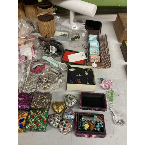 1136 - A QUANTITY OF SEQUINED BOXES TOGETHER WITH AS NEW WATCHES, PIN BADGES, SILVER PENDANTS WITH CHAINS,E... 