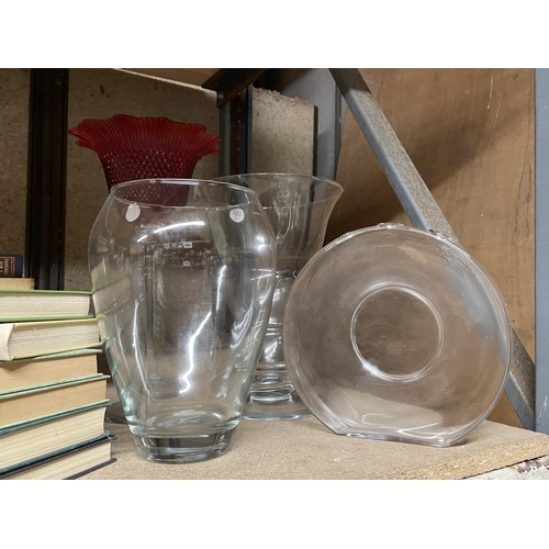 1234 - THREE LARGE CLEAR GLASS VASES AND A GLASS HOBNAIL TYPE RUBY BOWL ON A LONG STEM