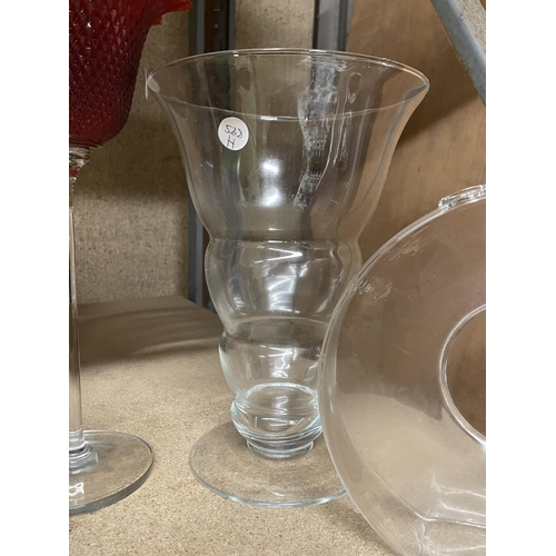 1234 - THREE LARGE CLEAR GLASS VASES AND A GLASS HOBNAIL TYPE RUBY BOWL ON A LONG STEM