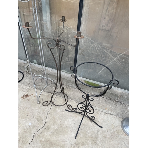 1518 - A SMALL METAL PLANT STAND, A THREE BRANCH CANLESTICK AND A TALL PEDESTAL TABLE