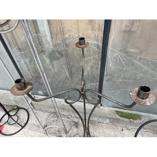 1518 - A SMALL METAL PLANT STAND, A THREE BRANCH CANLESTICK AND A TALL PEDESTAL TABLE