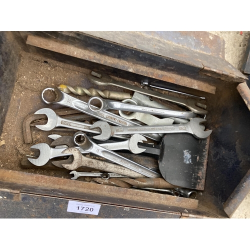 1720 - A METAL TOOL BOX WITH AN ASSORTMENT OF SPANNERS