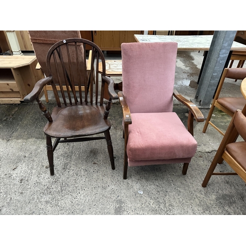 3098 - A WINDSOR STYLE CARVER CHAIR AND FIRESIDE CHAIR.