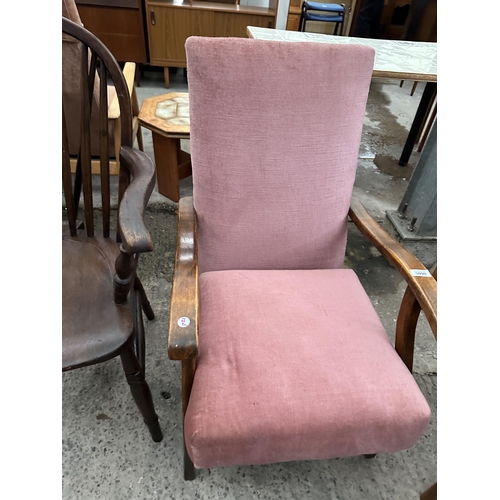 3098 - A WINDSOR STYLE CARVER CHAIR AND FIRESIDE CHAIR.