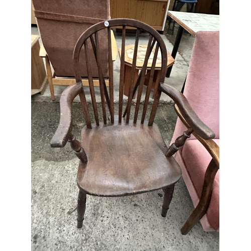 3098 - A WINDSOR STYLE CARVER CHAIR AND FIRESIDE CHAIR.