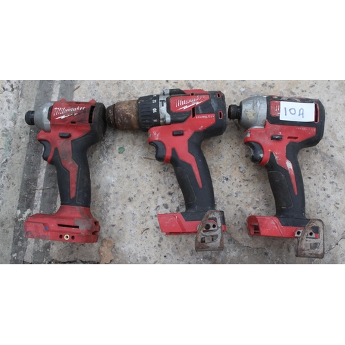 10A - MILWAUKEE DRILL AND 2 IMPACT DRIVER  NO VAT