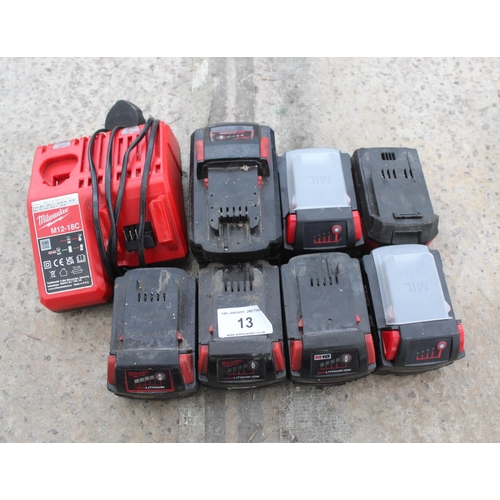 13 - 7 MILWAUKEE BATTERIES AND CHARGER  NO VAT