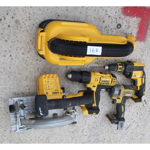 16A - DEWALT VAC, SAW AND 3 DRILLS  NO VAT