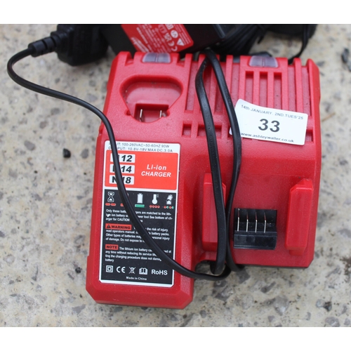 33 - MILWAUKEE 2 CHARGERS AND 3 BATTERIES  NO VAT