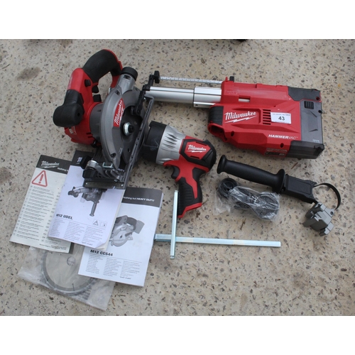 43 - AS NEW MILWAUKEE CHOP SAW, TORCH AND HAMMER VAC  NO VAT