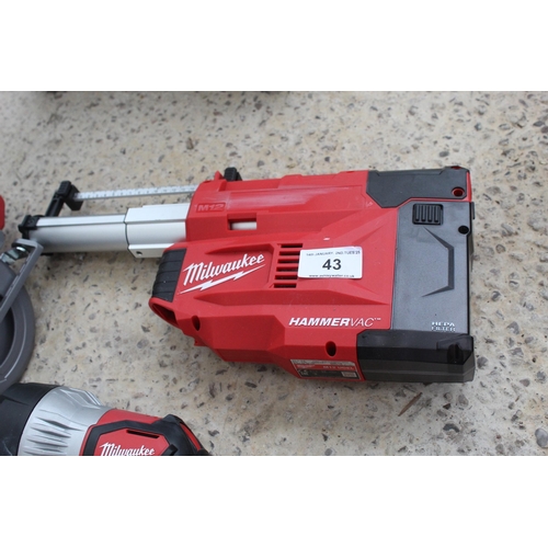 43 - AS NEW MILWAUKEE CHOP SAW, TORCH AND HAMMER VAC  NO VAT