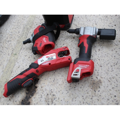 45 - AS NEW MILWAUKEE PIPE CUTTER , DRILL, RIVET GUN AND RADIO  NO VAT