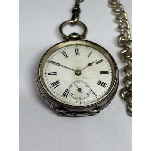 513 - A MARKED 800 SILVER POCKET WATCH WITH WHITE ENAMEL FACE, ROMAN NUMERALS AND SUB DIAL WITH A HALLMARK... 