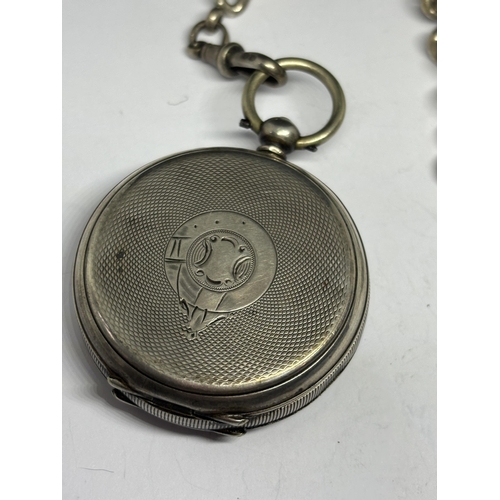 513 - A MARKED 800 SILVER POCKET WATCH WITH WHITE ENAMEL FACE, ROMAN NUMERALS AND SUB DIAL WITH A HALLMARK... 