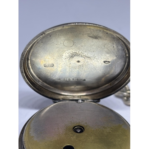 513 - A MARKED 800 SILVER POCKET WATCH WITH WHITE ENAMEL FACE, ROMAN NUMERALS AND SUB DIAL WITH A HALLMARK... 