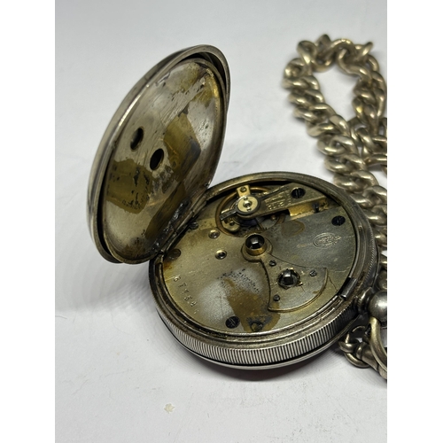 513 - A MARKED 800 SILVER POCKET WATCH WITH WHITE ENAMEL FACE, ROMAN NUMERALS AND SUB DIAL WITH A HALLMARK... 