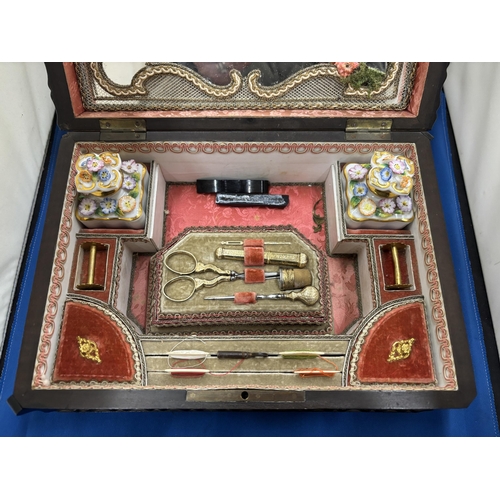 1 - A LATE 19TH CENTURY EBONY AND BRASS INLAID SEWING BOX FEATURING A BRAIDED MIRROR ON THE REVERSE OF T... 