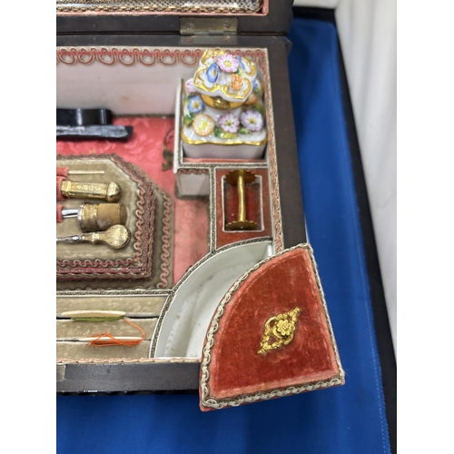 1 - A LATE 19TH CENTURY EBONY AND BRASS INLAID SEWING BOX FEATURING A BRAIDED MIRROR ON THE REVERSE OF T... 