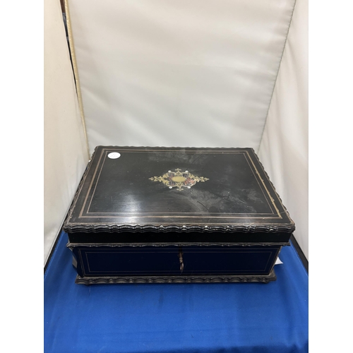 1 - A LATE 19TH CENTURY EBONY AND BRASS INLAID SEWING BOX FEATURING A BRAIDED MIRROR ON THE REVERSE OF T... 